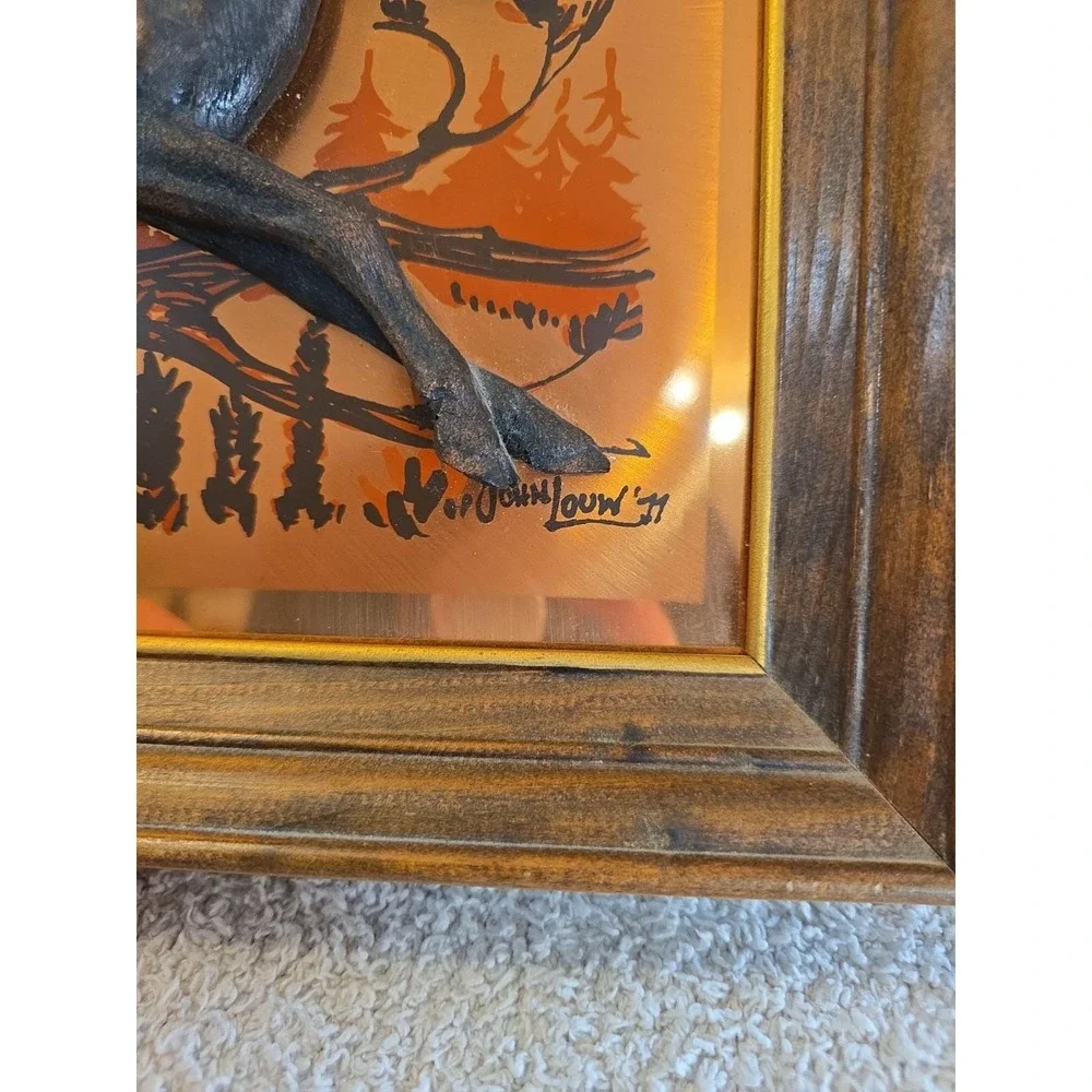 Vintage Signrd John Louw 70s Copper Raised Relief Buck & Doe Leaping Framed